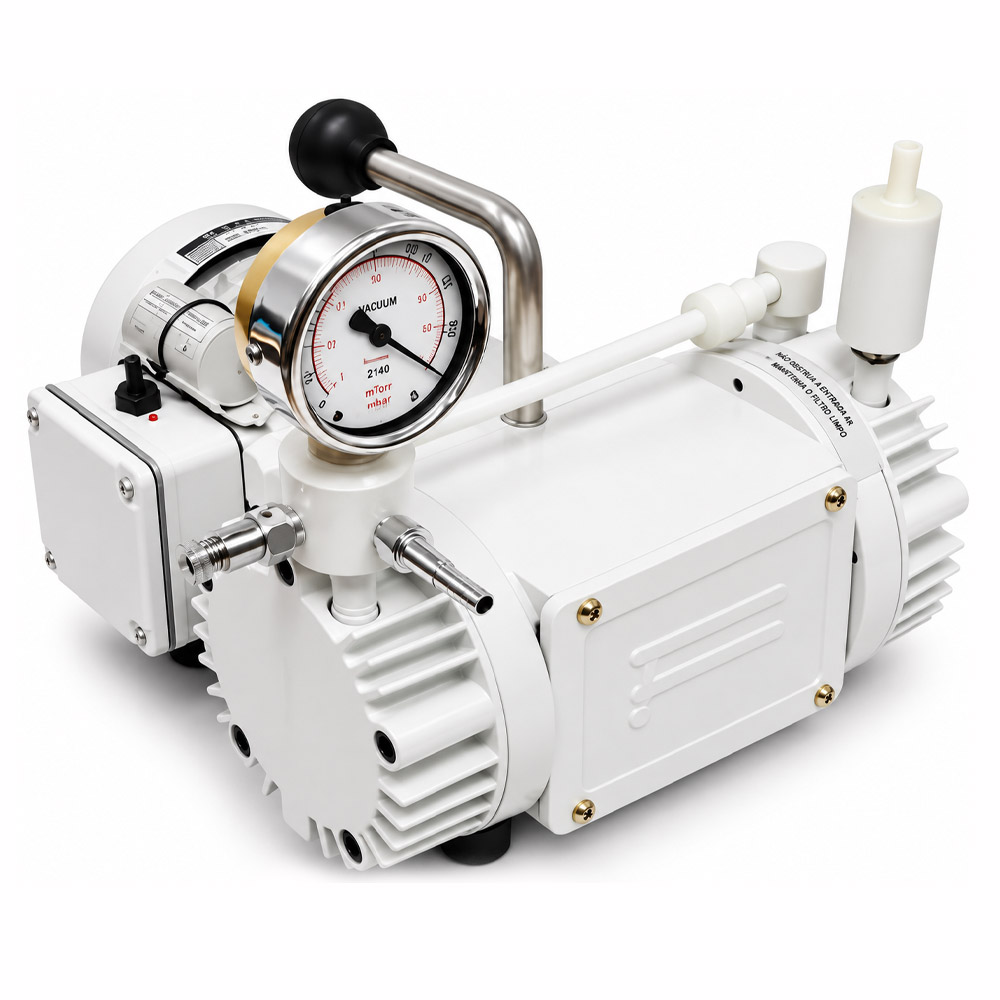 Bomba de Vacuo tipo Diafragma 826 Bomba de Vácuo tipo Diafragma a Seco 2 estágios sem Resistência Química – Vácuo Relativo 758 mm Hg / 29,8 pol Hg – Vazão 34 L/min / 1,2 c fl/min – Modelo 826
