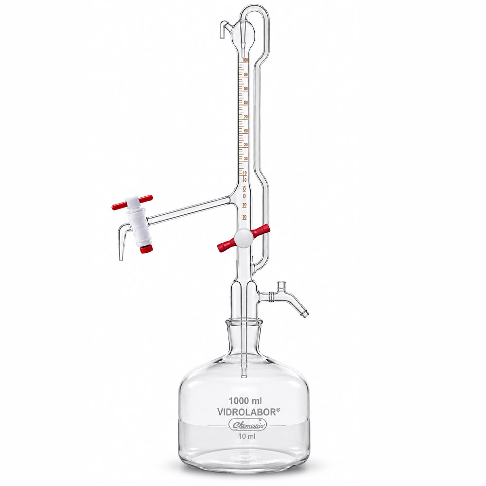 Bureta Automatica com Duas Torneiras de PTFE e Frasco 1 Bureta Automática com Duas Torneiras de PTFE e Frasco - Incolor - VIDROLABOR