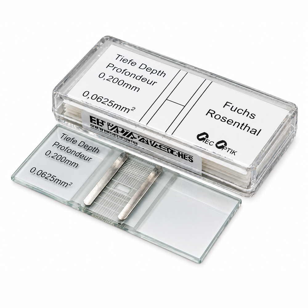 Camara de Fuchs Rosenthal Melhorada – Menor Area 00625mm² Câmara de Fuchs-Rosenthal Melhorada – Menor Área 0,0625mm² – Profundidade de 0,200mm – Modelo OG-500