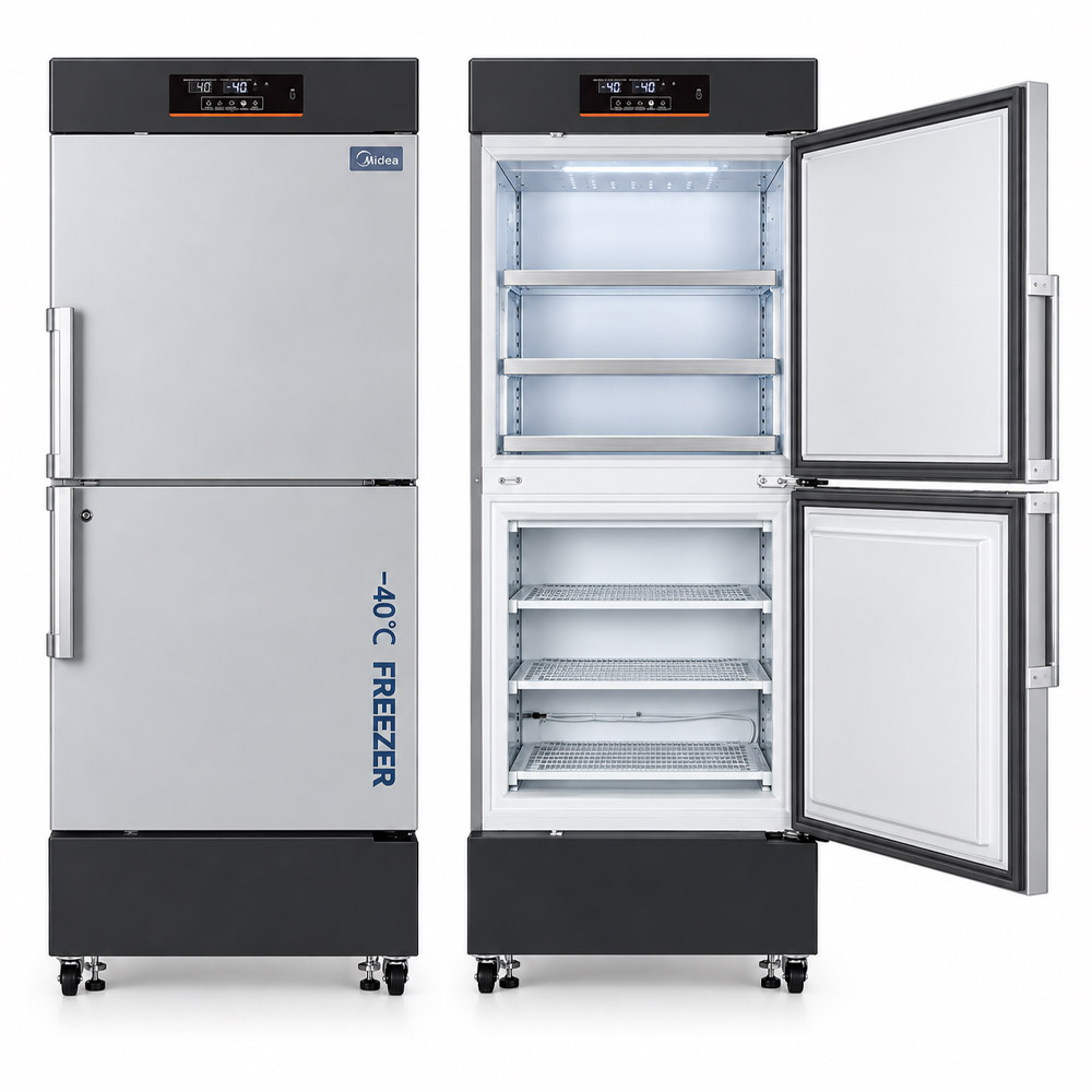 Freezer e Refrigerador Combinado MCD 40L350 Freezer e Refrigerador Combinado – 350 Litros - Faixa de Temperatura (Freezer) -20 a -40°C / (Refrigerador) 2 a 8°C – Modelo MCD-40L350 – MIDEA BIOMEDICAL ()