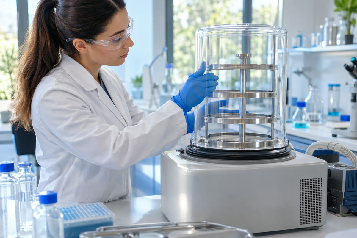 Pesquisador ajustando a cúpula acrílica transparente sobre o sistema de liofilização em bancada de laboratório