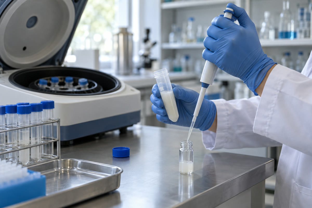 Profissional de laboratório pipeta suspensão bacteriana concentrada de um tubo de centrífuga para um frasco de vidro estéril
