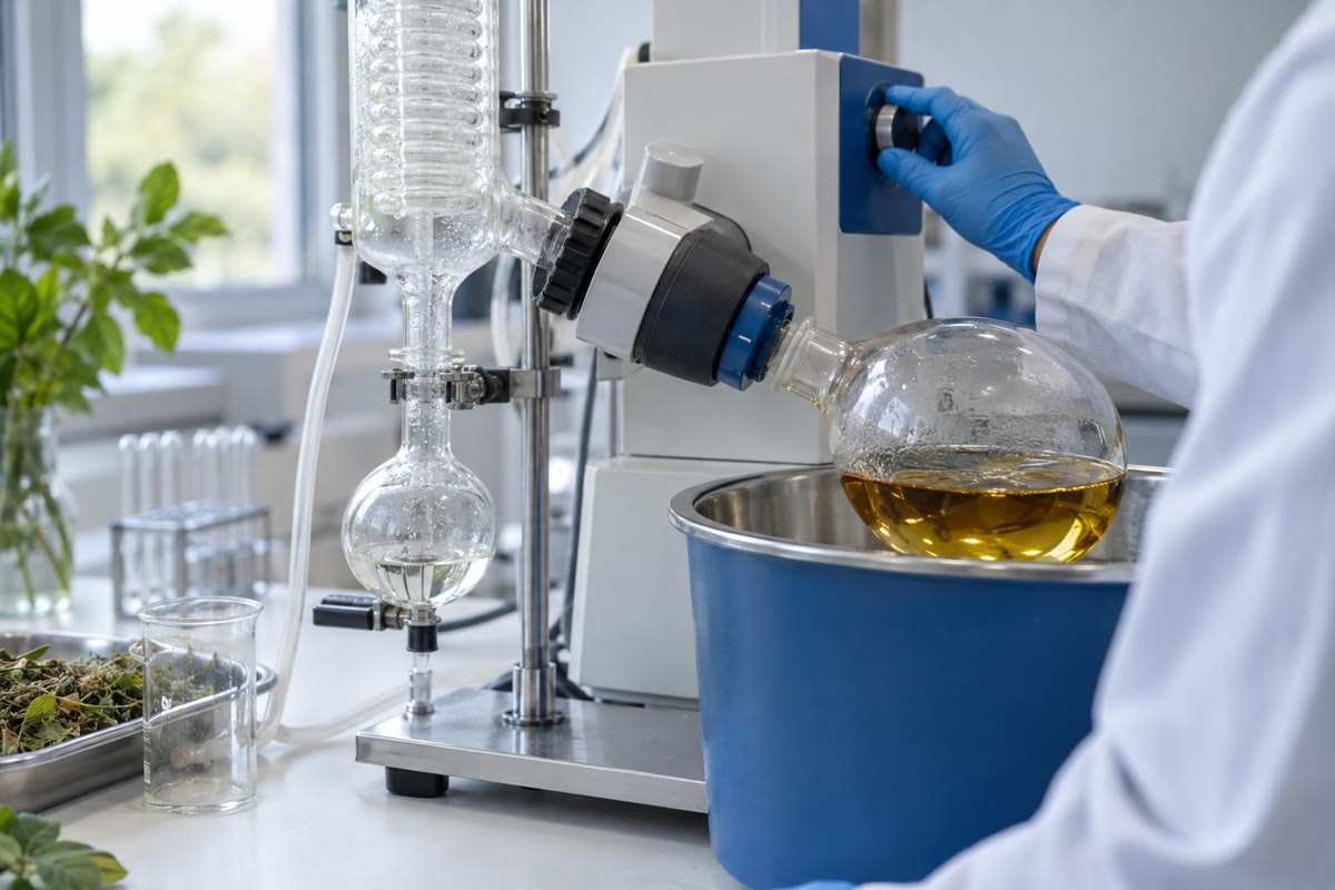 Evaporador rotativo concentrando extrato vegetal hidroalcoólico em balão de vidro sob vácuo em bancada de laboratório.