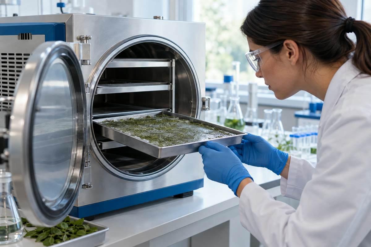 Técnico verifica bandeja com extrato vegetal aquoso congelado dentro da câmara aberta de liofilizador de bancada.