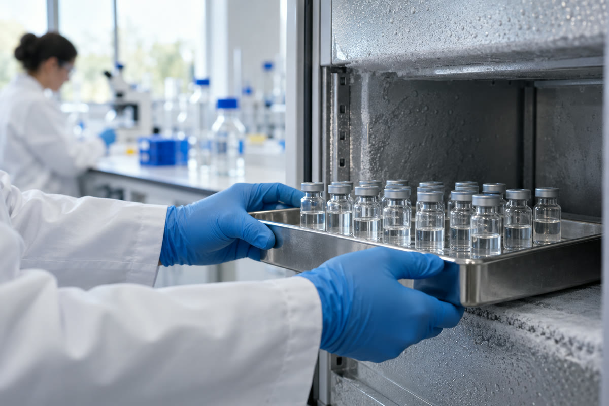 liofilizacao farmaceutica 1 Mão enluvada posiciona bandeja com frascos de vidro contendo diferentes formulações para triagem antes da liofilização