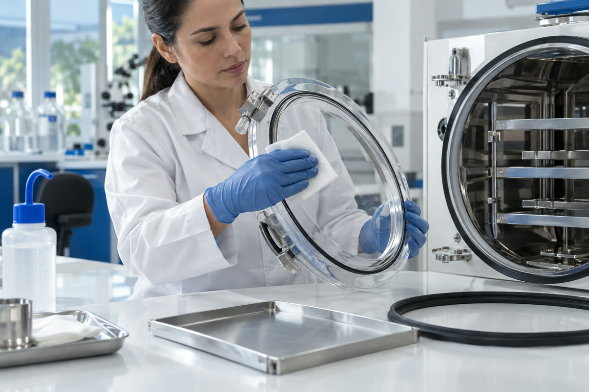 manutencao liofilizador 2 Limpeza cuidadosa da tampa de acrílico e componentes de vedação da câmara do liofilizador em bancada de laboratório