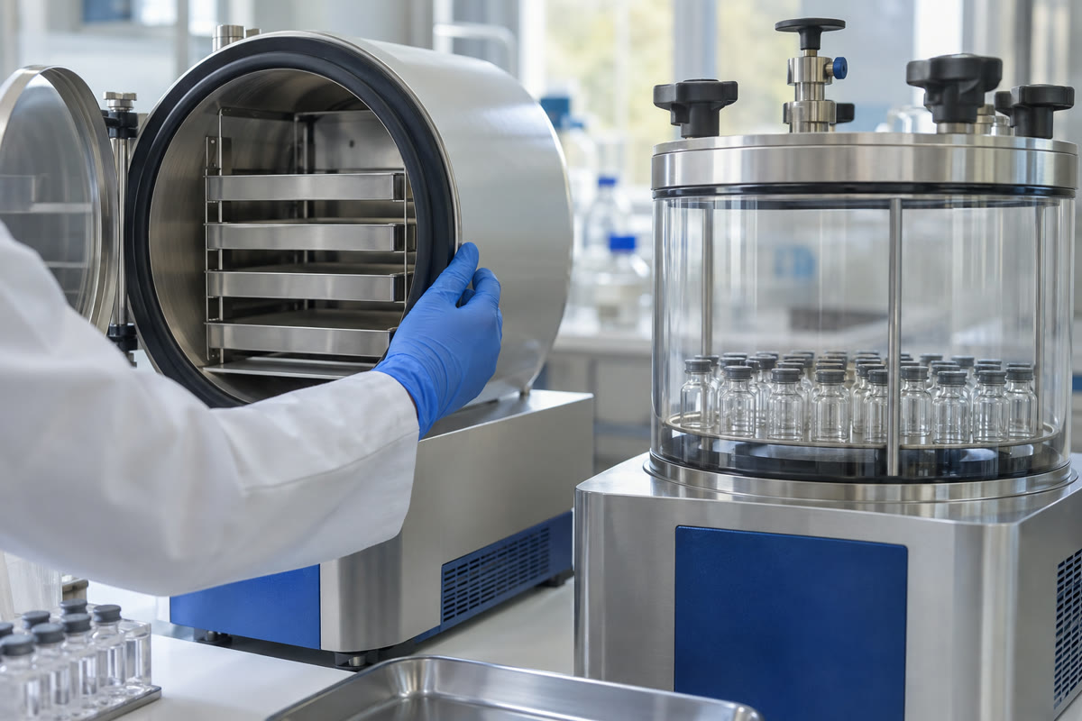 Comparação entre câmara regular com bandejas e câmara com tampa de pressão para frascos em bancada de laboratório