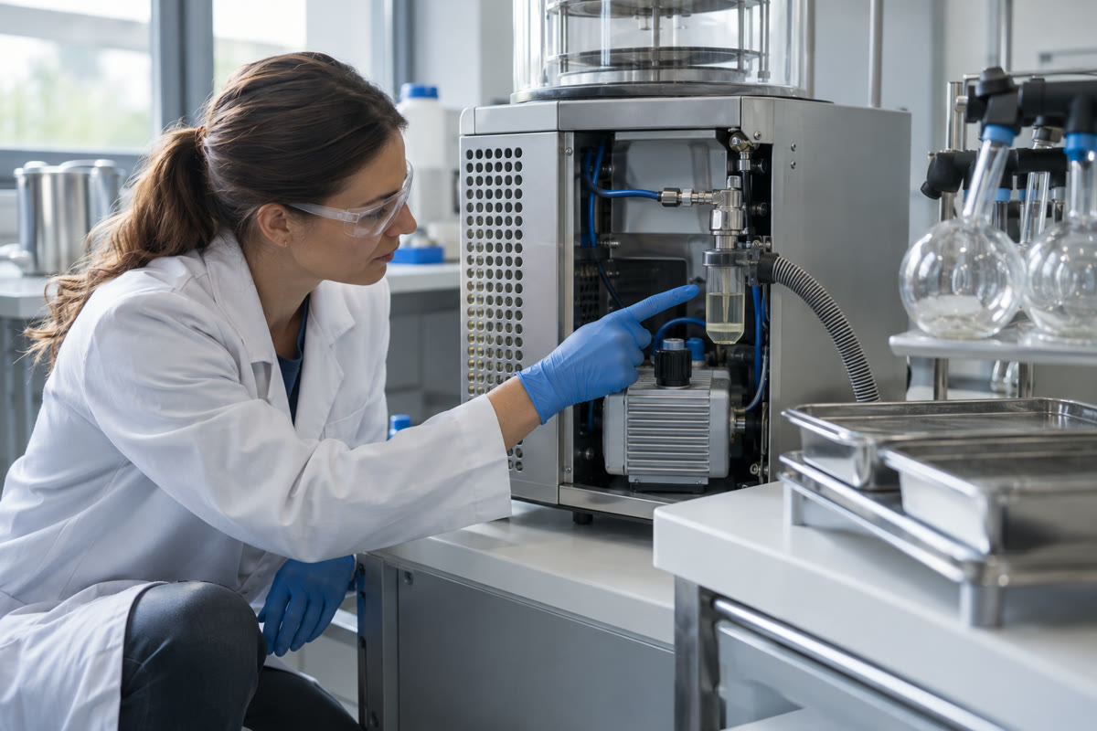 Técnico de laboratório verificando bomba de vácuo e reservatório de óleo de um liofilizador de bancada