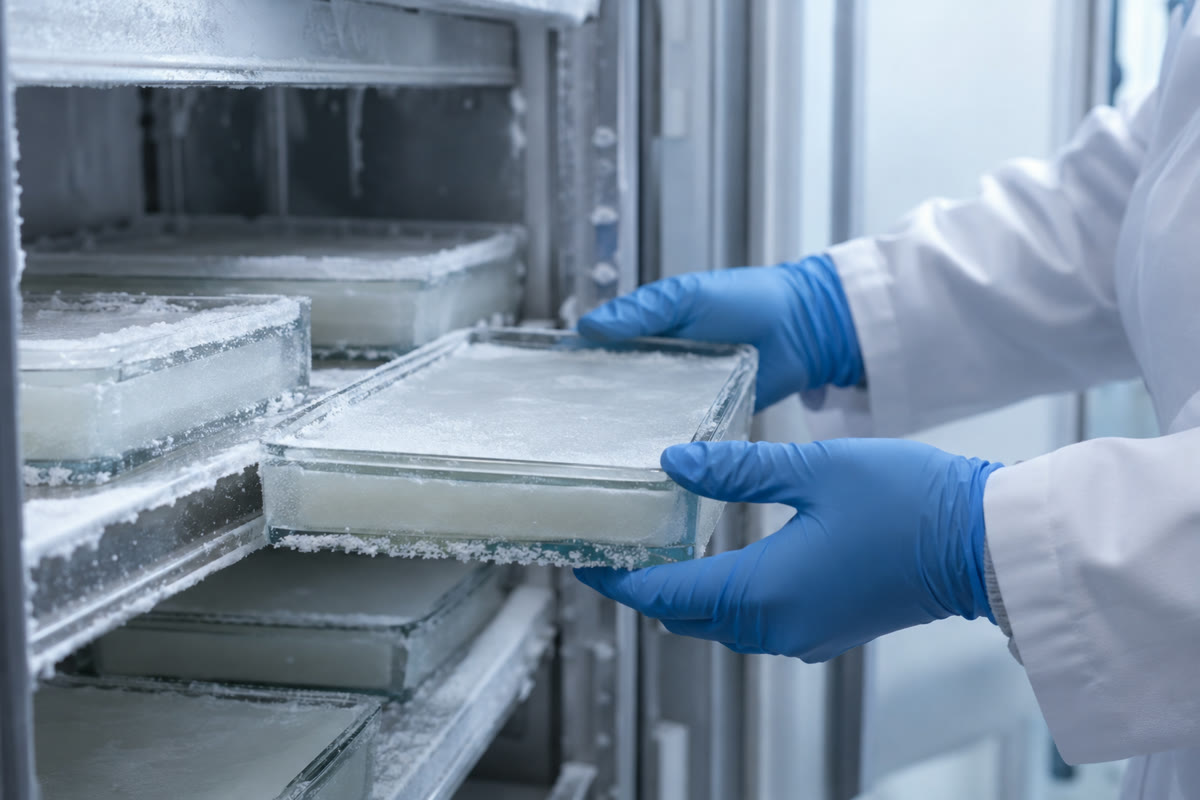 temperatura de liofilizacao 1 Maos com luvas posicionando bandejas de amostra congelada com formacao de gelo dentro de um freezer de laboratorio