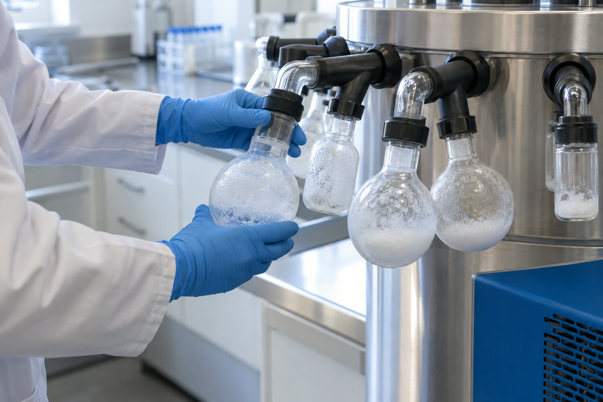 tipos de liofilizador 1 Técnico ajusta frascos de vidro conectados a liofilizador tipo manifold em laboratório com bancada de aço inox
