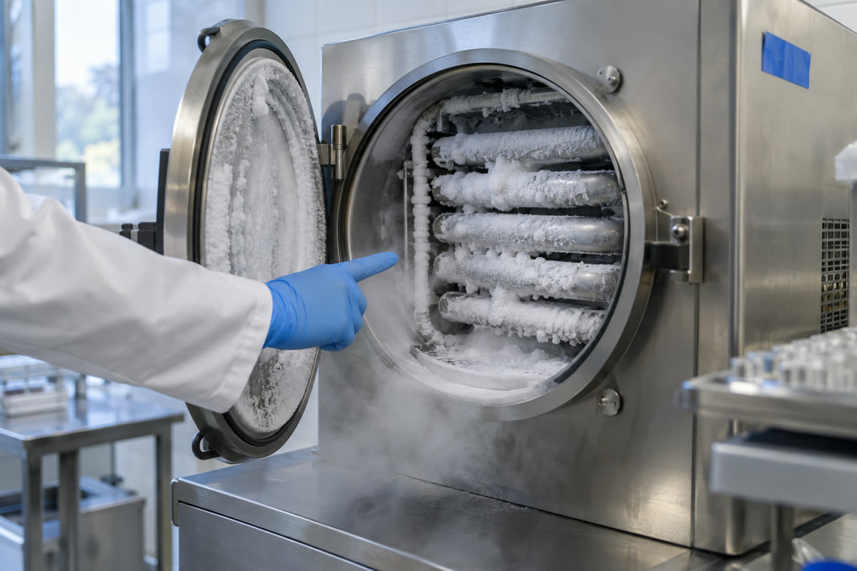 tipos de liofilizador 2 Mão enluvada inspeciona camada de gelo dentro do condensador aberto de um liofilizador de laboratório